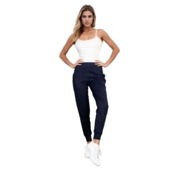 Women's High Waisted Wide Waistband Joggers. Navy. Stretchy. - Picture 3 of 10